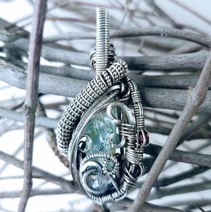 Aquamarine, Herkimer Diamond, Garnet Pendant